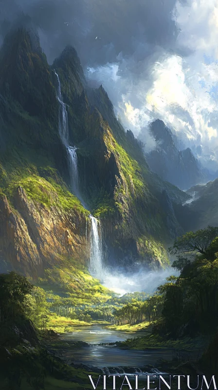 Serene Mountain Scene with Cascading Waterfalls AI Image