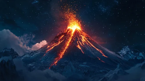 Nighttime Volcano Eruption with Flowing Lava