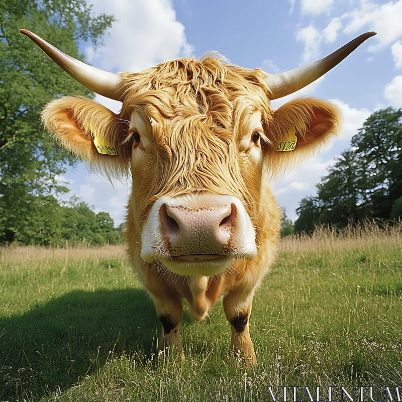 Brown Cow in a Green Field on a Sunny Day AI Image