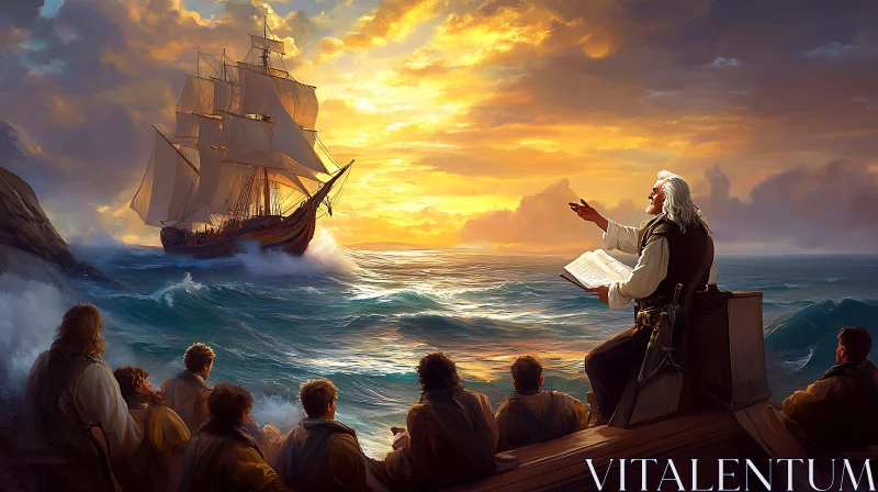 Epic Maritime Scene with Ship and Crew at Sunset AI Image