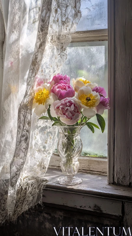 AI ART Peonies and Lace Curtain by the Sunlit Window