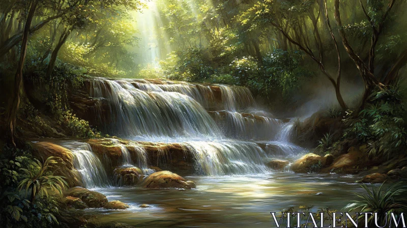 AI ART Tranquil Waterfall in Lush Forest