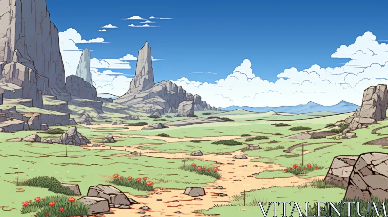 Adventure-Themed Animated Landscape with Vivid Comic Style AI Image