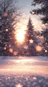 Winter Landscape with Pine Trees and Falling Snow