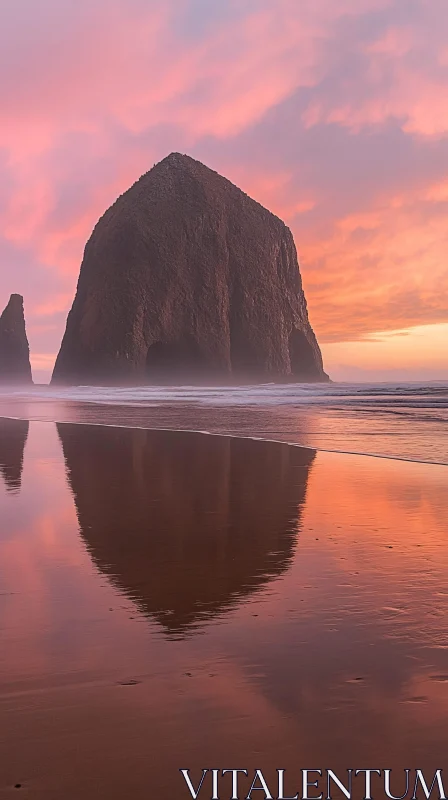 Beach Sunset Reflection Over Rock Formation AI Image