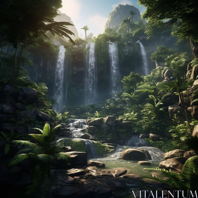 Lush Jungle Landscape with Waterfalls - Afro-Caribbean Influence AI Image