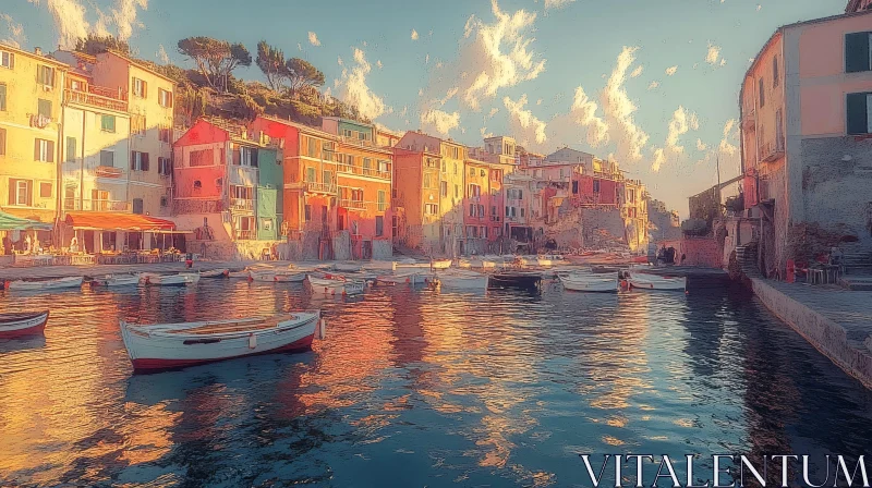 Colorful Coastal Village at Sunset AI Image