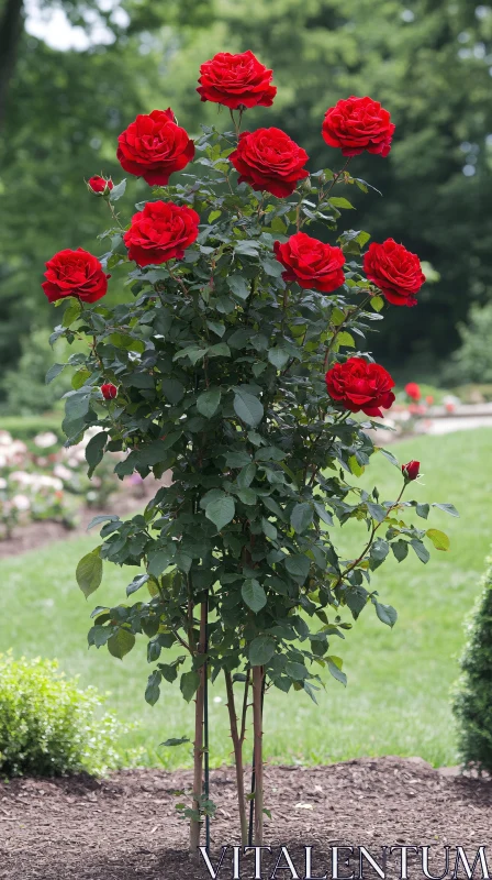 Blooming Red Roses in Garden Setting AI Image