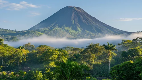 Tropical Volcano with Misty Jungle Landscape