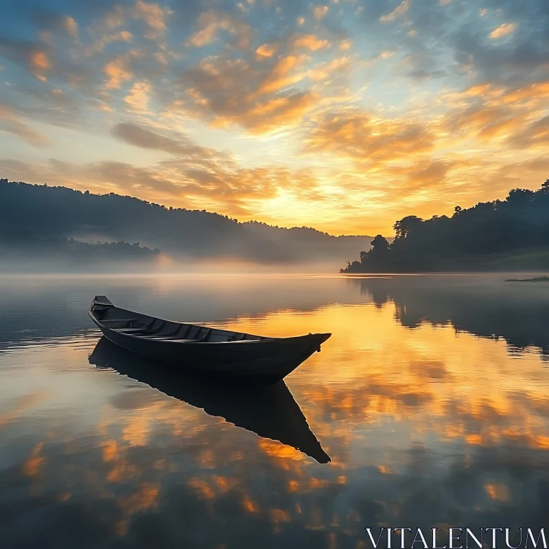 Peaceful Dawn over Misty Lake with Boat AI Image