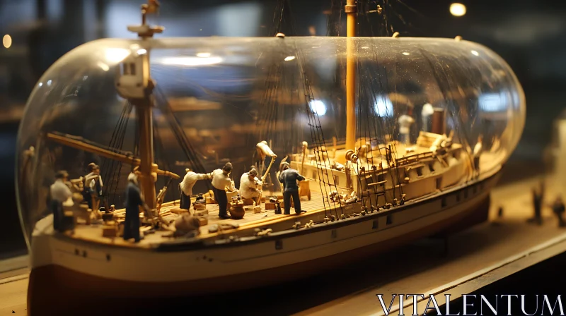 Detailed Model Ship with Miniature Sailors in a Bottle AI Image