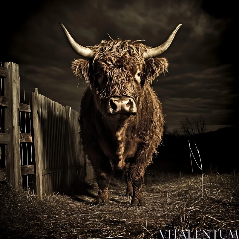 Nocturnal Portrait of a Shaggy Bull AI Image