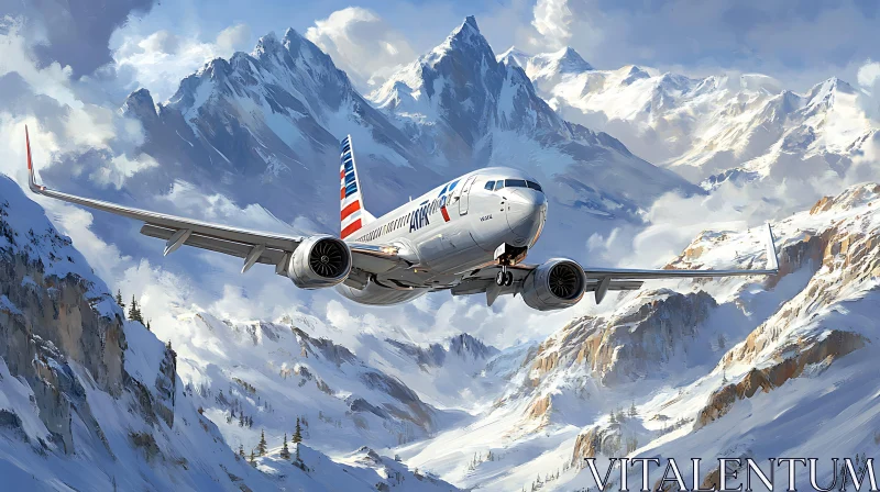 Plane Flying Over Snow-Capped Peaks AI Image