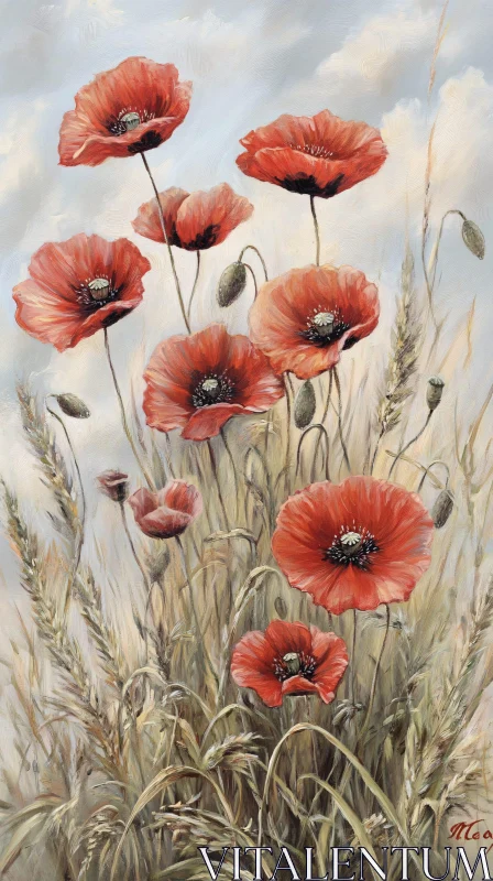 AI ART Graceful Red Poppies in a Meadow Painting