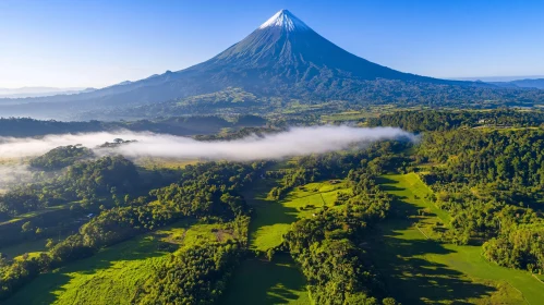 Aerial Perspective of a Snow-capped Volcano and Lush Green Fields