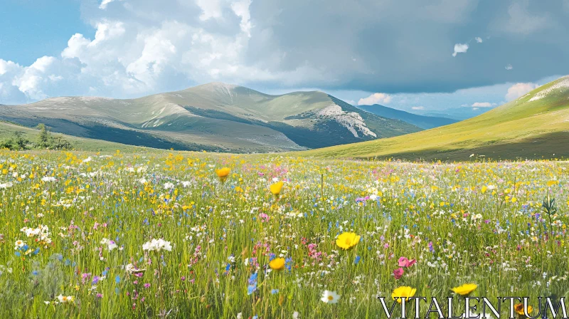 Colorful Wildflower Field Against Green Hills and Dramatic Sky AI Image