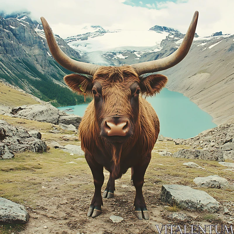 Powerful Bull in Natural Mountain Setting AI Image