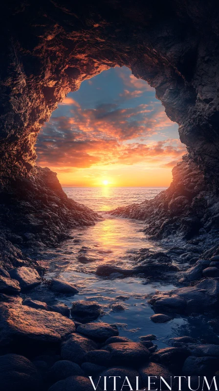 AI ART Sunset Over Ocean Viewed From a Cave