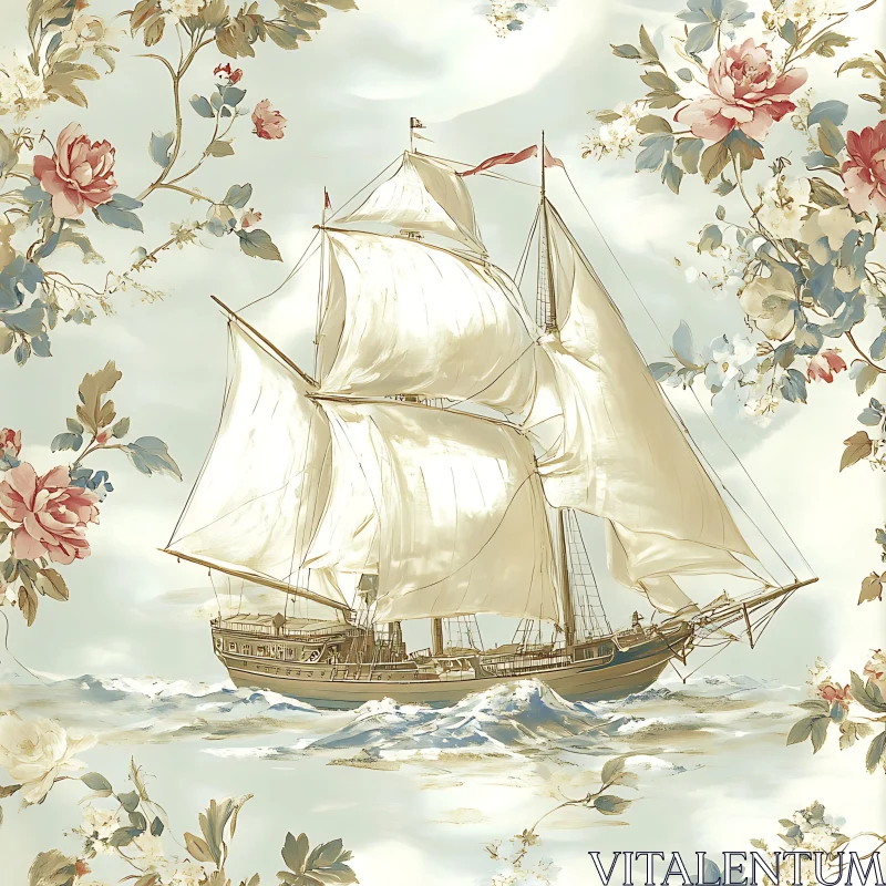 Sailing Vessel Surrounded by Blossoms AI Image