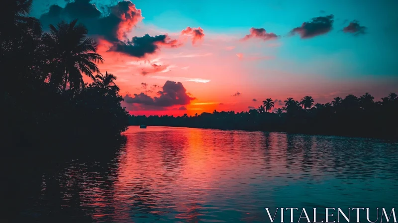 Vibrant Sunset Over a Tranquil Lake AI Image