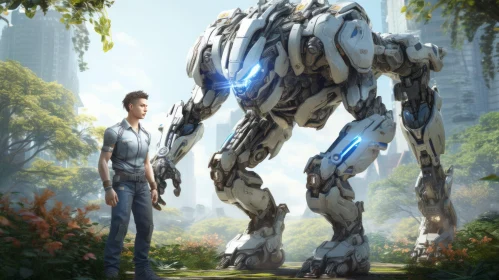 Man Standing Next to a Giant Robot: A Stylized Scene