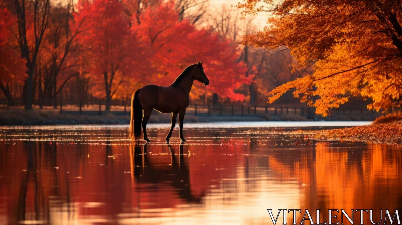 Wild Horse in Autumn River at Sunrise AI Image
