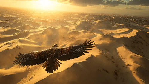 Eagle Flying Over Sunlit Sand Dunes