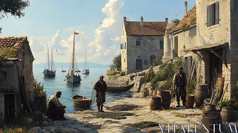 Tranquil Coastal Village Scene AI Image