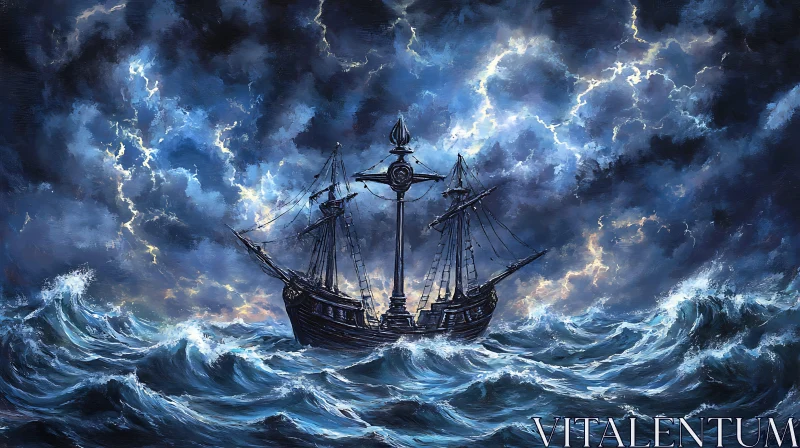 Maritime Storm with Ship and Lightning Illumination AI Image