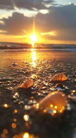 Golden Sunset at the Shore with Glittering Seashells