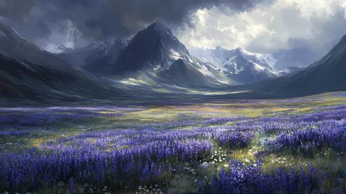 Purple Flower Field with Snow-Capped Mountains