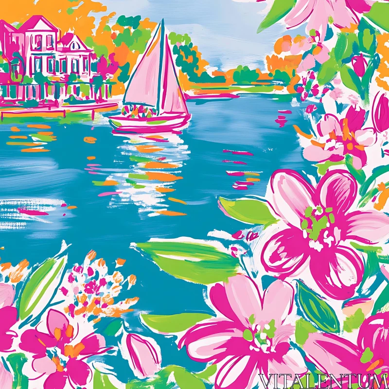 Vibrant Floral Riverside with Sailboat and Houses AI Image