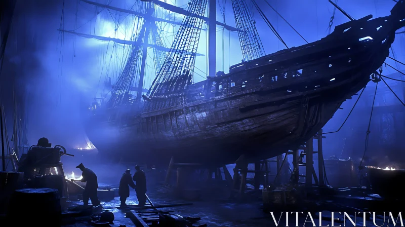 Mystical Shipyard with Silhouetted Workers Tending to Sailboat AI Image