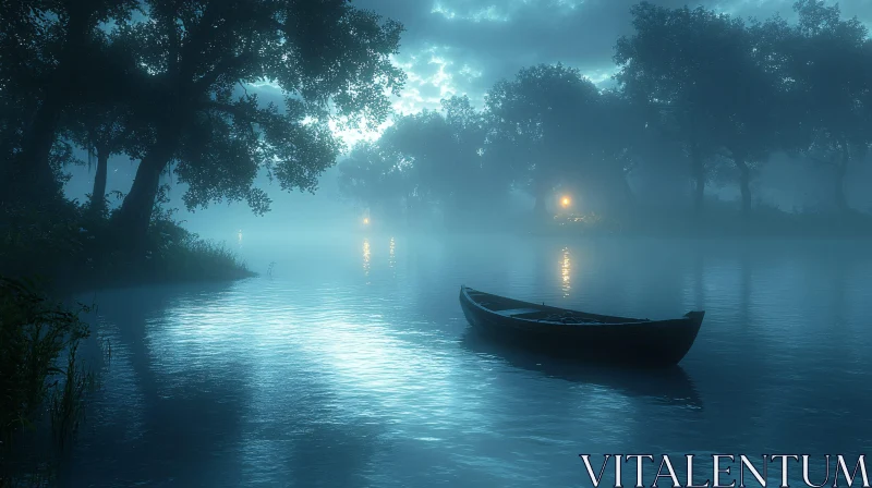 Calm Night Scene with Boat and Mist AI Image