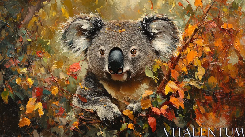 Koala in Autumn Leaves AI Image