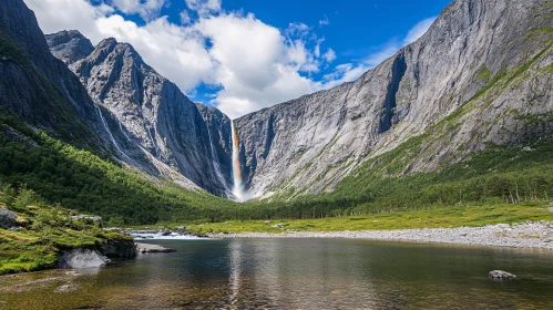 Waterfall Surrounded by Towering Mountains