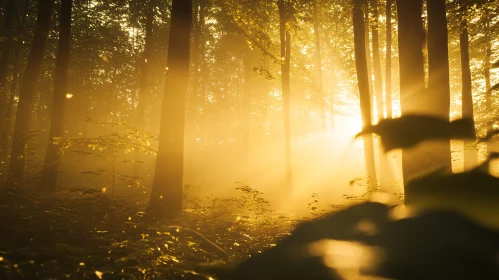 Golden Rays in a Misty Forest