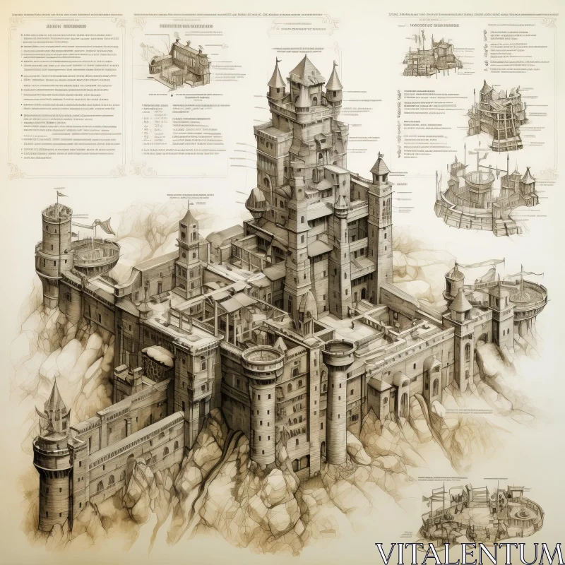 Fantasy Sky Castle Blueprint - Steampunk Victorian Influences AI Image