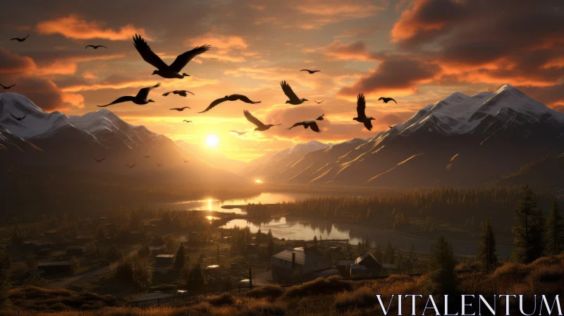 Golden Light Bathed Mountain Range with Avian Life AI Image