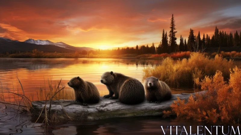 Three Bears Resting by Lake at Sunset - Nature-inspired Illustration AI Image