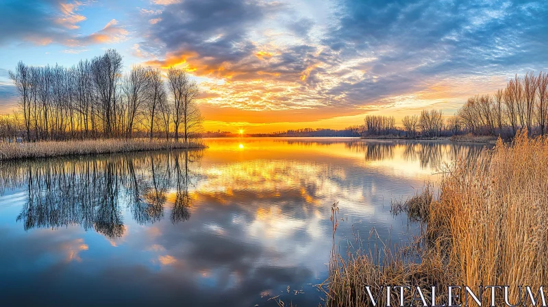 AI ART Serene Sunset Over Tranquil Lake with Reflective Trees and Golden Reeds