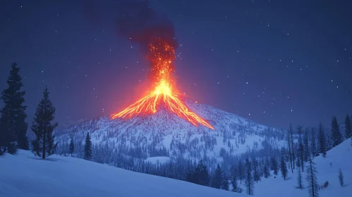 Nighttime Erupting Volcano with Snow and Stars