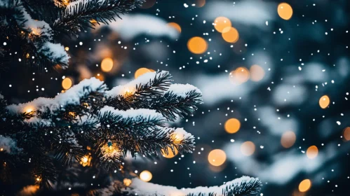 Serene Winter Scene: Pine Tree with Snow and Lights