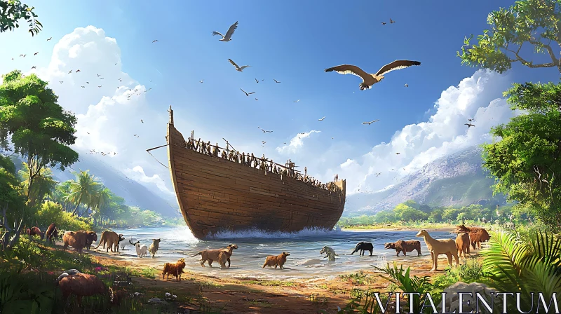 Wooden Vessel and Animals in Natural Landscape AI Image