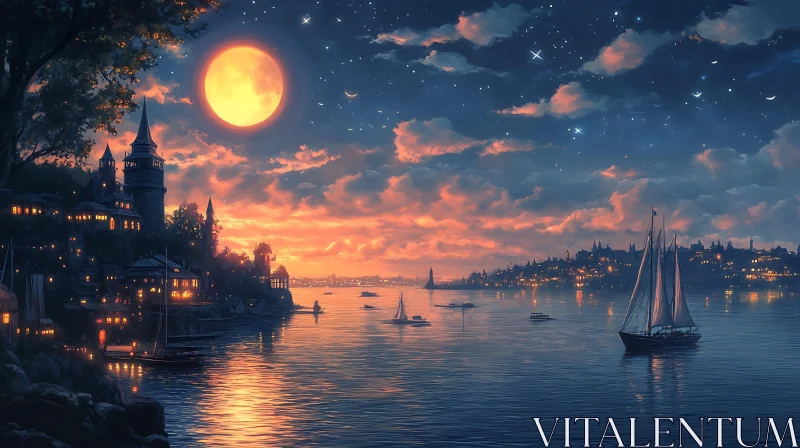 Enchanting Night at the Moonlit Lakeside Village AI Image