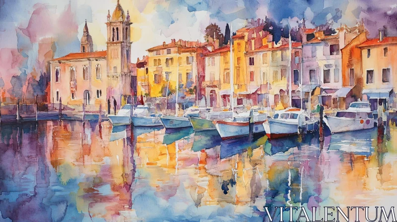 Harbor Serenity: A Watercolor Painting AI Image