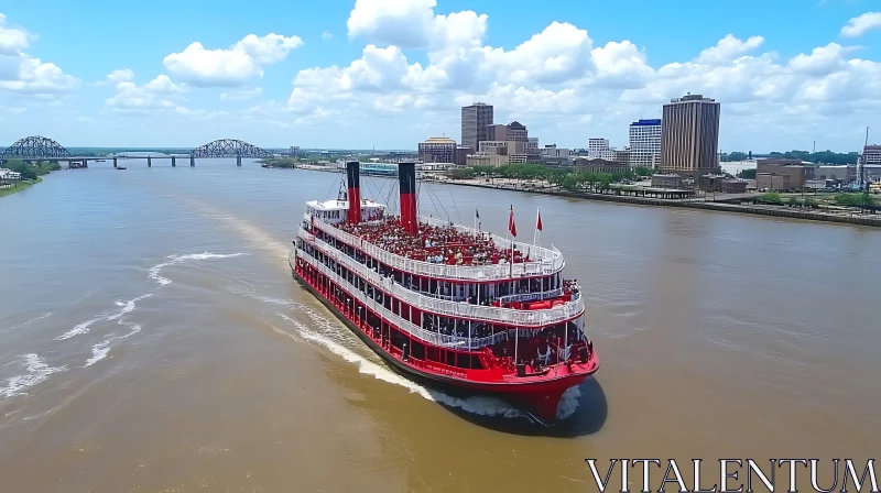 Majestic Steamboat on River with Cityscape Background AI Image