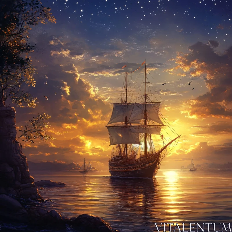 Sailing Ship in Golden Sunset AI Image