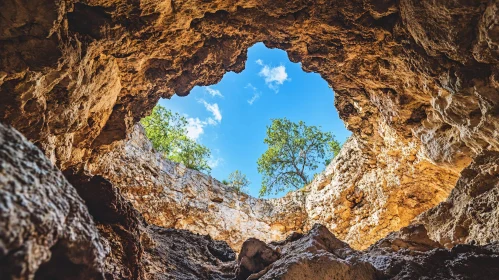 Rugged Cave Opening to Clear Sky