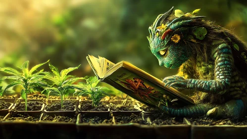 Dreamy Garden Scene with Reading Fantasy Creature